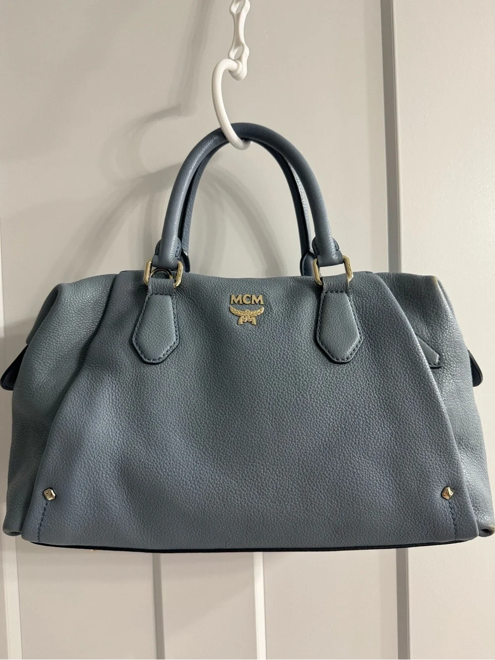 MCM Dusty Blue Pebbled Leather Satchel with Gold Hardware